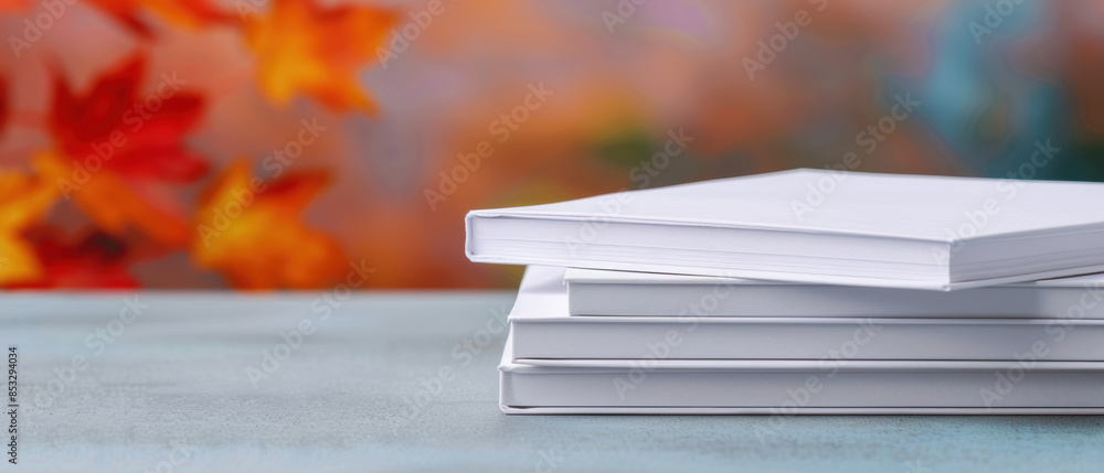 Poster a stack of white notebooks on a table with orange leaves in the background