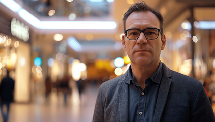 Obraz premium A portrait of an adult man in his mid 40s wearing glasses and a suit standing in the middle of a shopping mall