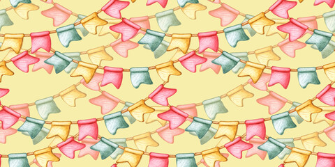 Flags of yellow, red and green colors, garland on a string pattern on a yellow background watercolor illustration. Isolated from the background for universal use in greetings, invitations, decor