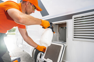 Technician Cleaning RV Toilet Cassette Compartment With Spray Bottle