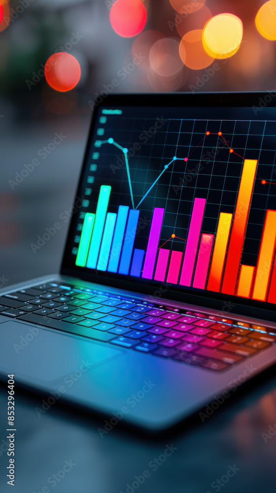Poster a laptop displaying colorful graphs and charts