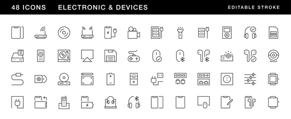 Electronic icon collection. Devices icon set. Accessories, gadget, smartphone, cable, plug, tablet, mouse, smart watch and more. Editable stroke. Pixel Perfect. Grid base 32 x 32.