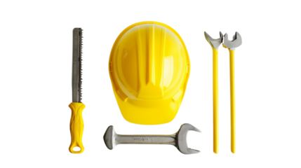 Yellow hard hat and tools on white background