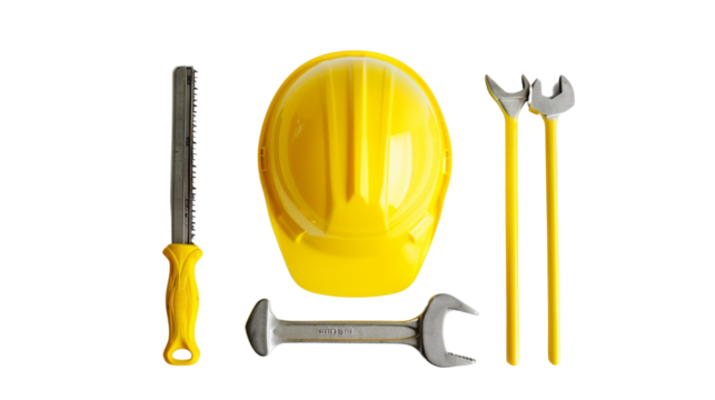 Yellow hard hat and tools on white background