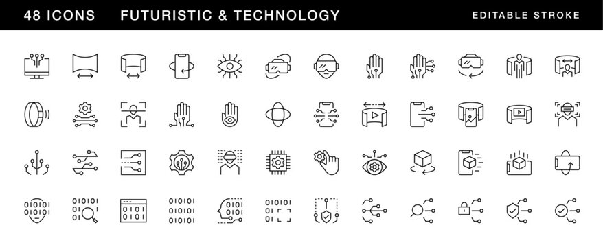 Technology icon collection. Futuristic technology icon set. Smart technology, virtual reality, robotic, electronic, chipset, simulation, automation and more. Editable stroke. Pixel Perfect.
