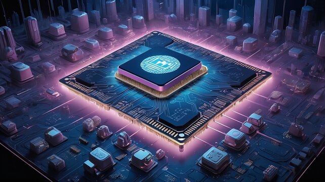 The image features a highly detailed and stylized representation of a computer chip or microprocessor on a motherboard. The central chip is prominently highlighted, glowing with a radiant, pinkish-pur