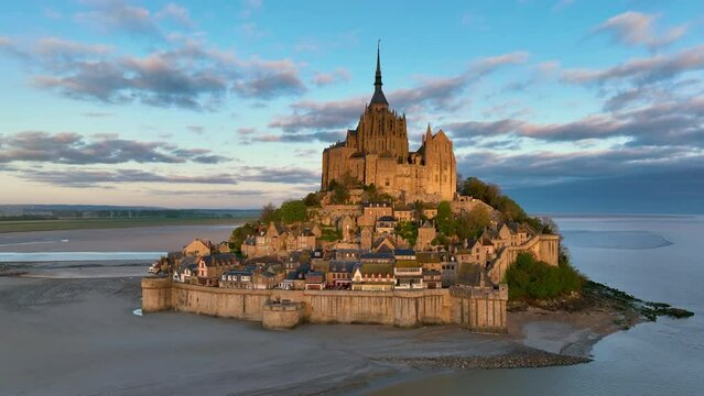Aerial view of the famous French landmark Abbaye du Mont-Saint-Michel. Normandie. France.