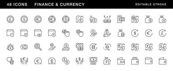 Finance icon collection. Currency icon set. Investment, income, pay, budget, wallet and more. Editable stroke. Pixel Perfect. Grid base 32 x 32.