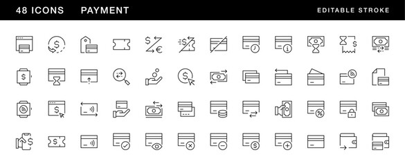 Payment icon collection. Transaction icon set Online payment, money, transaction, exchange, wallet, money bag and more. Editable stroke. Pixel Perfect. Grid base 32 x 32.