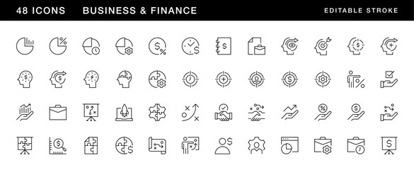 Business icon collection. Finance icon set. Growth, time management, strategy, focus, success, teamwork and more. Editable stroke. Pixel Perfect. Grid base 32 x 32.