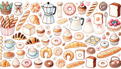 お菓子作りのイラストセットで、さまざまなパンやペストリー、デザートが透明水彩で描かれています。