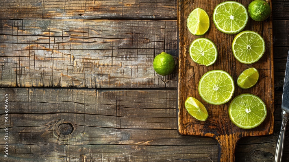 Poster fresh lime slices on a wooden table with a cutting board top view background