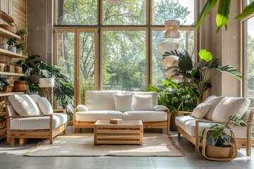 Eco-friendly living room with plants and wooden furniture in a sunlit setting