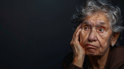 Fototapeta premium Elderly Woman Deep in Thought. Capture of an Elderly Woman Reflecting. AI Portrait of an Elderly Woman with a Thoughtful Expression. Close-up of an Elderly Face Against a Dark Background. AI