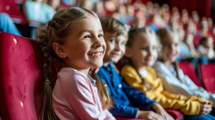 Fototapeta premium Happy children kids watching movie theater cinema wallpaper background