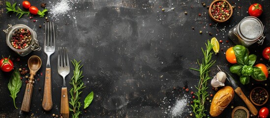 banner kitchen food blackboard retro fork knife menu drink eatery dinner cooking vintage background board ornament flatware template AI generated © MUCHIB