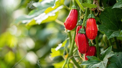 Red Squash Hanging on a Vine in a Lush Garden