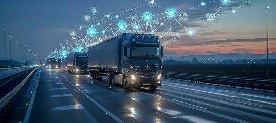 Futuristic cargo trucks on the highway at dusk with technology network connections