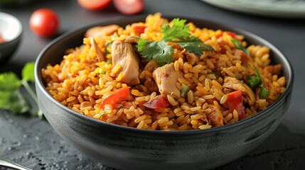 Close-Up of Chicken Fried Rice with Red Pepper