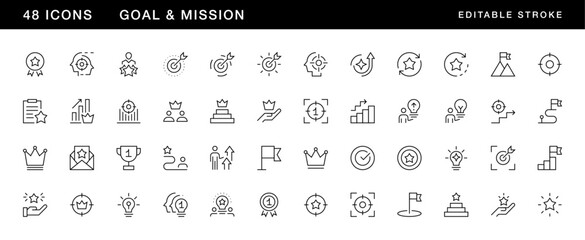 Goal and mission icon collection. Core values, productivity, vision, success, innovation, consistency, achievement, target, focus and more. Editable stroke. Pixel Perfect. Grid base 32 x 32.