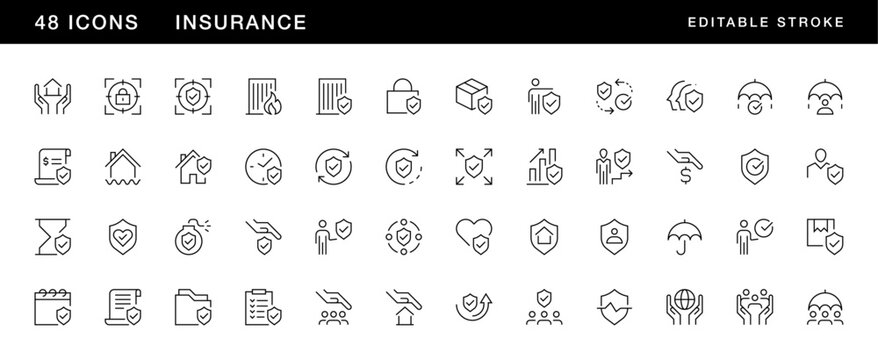 Insurance icon collection. Shield, protection, care, social security, safety, coverage, risk management and more. Editable stroke. Pixel Perfect. Grid base 32 x 32.