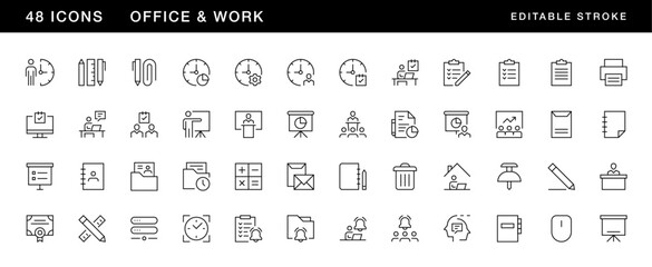 Office and work icon collection. Workplace, work group, team, office tools, time management, documents and more. Editable stroke. Pixel Perfect. Grid base 32 x 32.