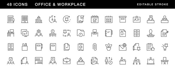 Office icon collection. Workplace icon set. Work group, team, office tools, time management, documents and more. Editable stroke. Pixel Perfect. Grid base 32 x 32.