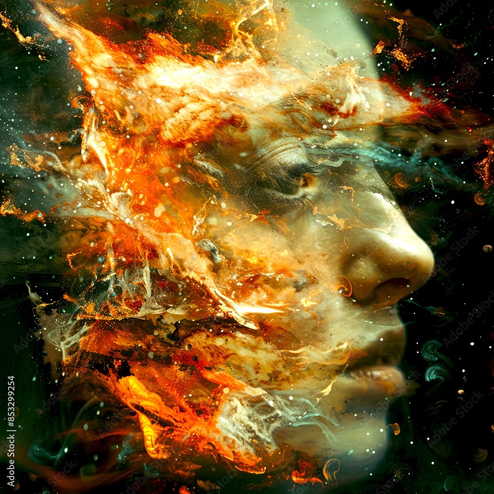 Poster abstract conceptual image of human face blending with fiery cosmic elements. surreal artistic style 