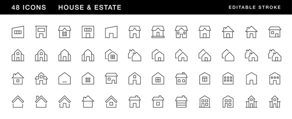 House icon collection. Estate icon set. Townhouse, habitation, cottage, house exterior, premises, rural house and more. Editable stroke. Pixel Perfect. Grid base 32 x 32.