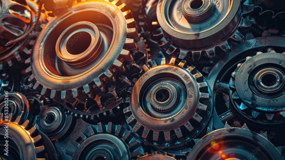 Aufkleber a close up of a bunch of gears with a metallic look. the gears are all different sizes and shapes, b