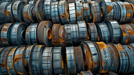 A pile of rusted metal tubes stacked on top of each other. The tubes are old and worn, with some of them having rust on them. Concept of decay and abandonment