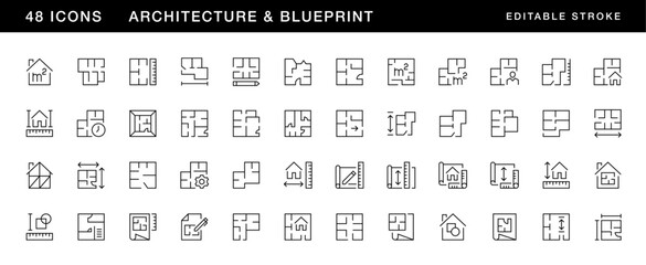 Architecture icon collection. Blueprint icon set. Planning, scheme, dimension, project, measurement, floor plan and more. Editable stroke. Pixel Perfect. Grid base 32 x 32.