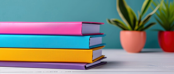 A stack of books with a green book on top, a yellow book on the bottom