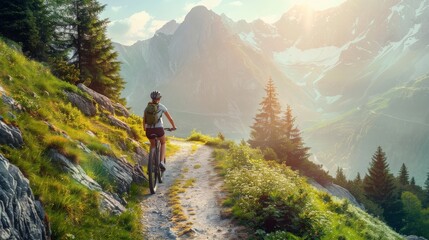 Obraz premium A man is riding a bike on a dirt road in the mountains. The road is winding and the scenery is beautiful