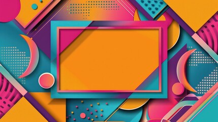 A colorful abstract background with a frame and a large empty space. The frame is orange and the background is a mix of blue, green, and pink. Scene is vibrant and energetic