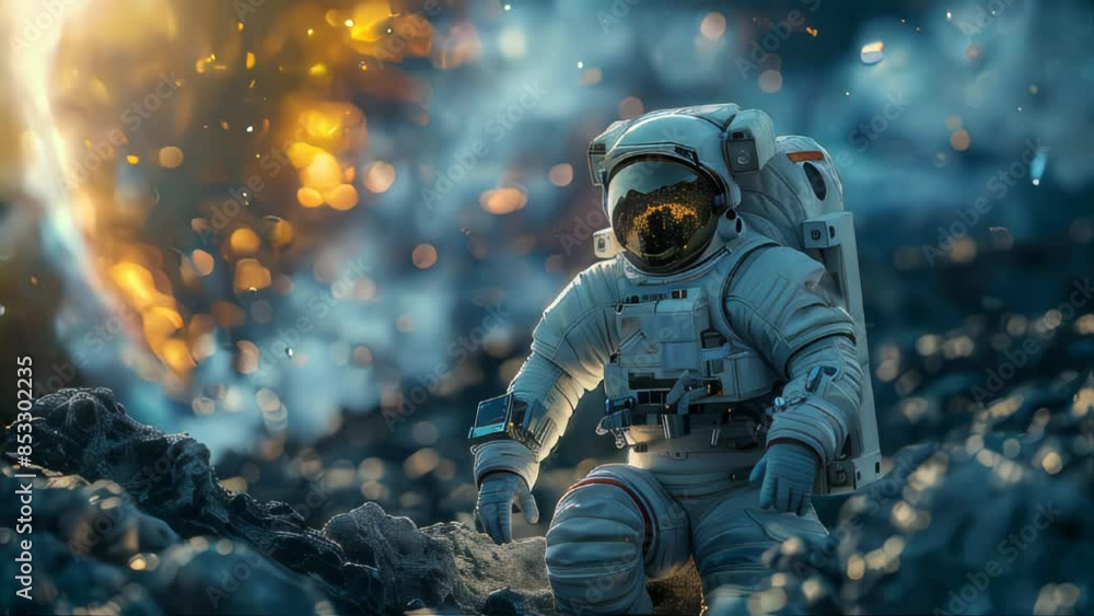 Aufkleber astronaut in a spacesuit on an asteroid or planet moon in outer space