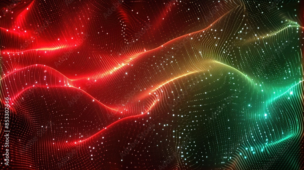 Poster the red green hologram abstract picture in form of the brightly glittering wave that seems like liqu