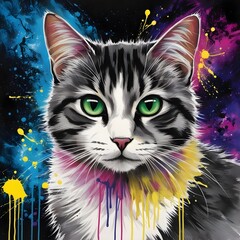 A portrait of a cat with green eyes and randomness of colors as a background.