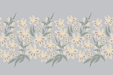 Vintage Floral pattern seamless embroidery white flowers on light blue background. Ikat ethnic texture gladiolus flower ditsy motif vector illustration vintage design Europe style. © Wita Pixs