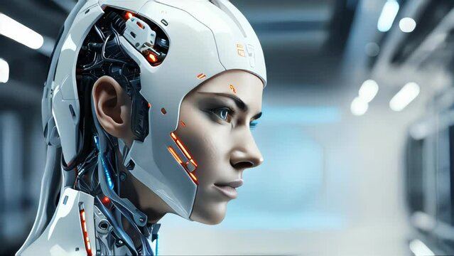 Robot and human face. Concept of artificial intelligence and cybersecurity