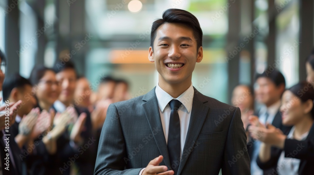 Aufkleber a man in a suit is smiling and clapping his hands in front of a crowd