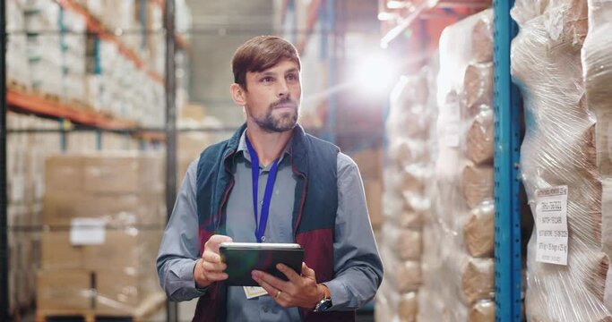Man, inventory and logistics factory with tablet for counting goods, supply chain and stock control or tracking. Person, digital tech and online for asset management, inspection and lens flare.