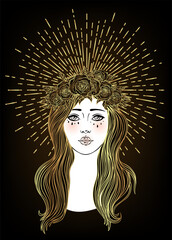 Angel girl with wings, cross, roses and halo. Isolated hand drawn vector illustration. Trendy Vintage style element. Spirituality, occultism, alchemy, magic.