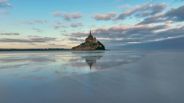 Aerial view of the famous French landmark Abbaye du Mont-Saint-Michel. Normandie. France.