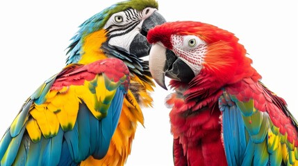 Obraz premium Two parrots birds couple isolated on white wallpaper background