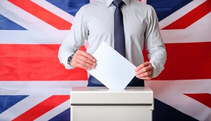 Close up body of a man standing behind the ballot box with his hand inserting a ballot against the blurred background of the British flag. British General elections