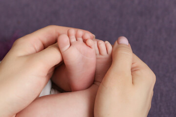 the parent's hand holds the baby's small leg, light close-up photo. family concept. background with...