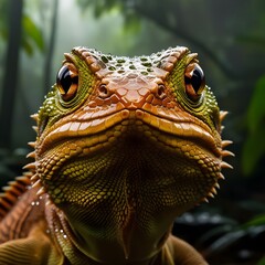 Fototapeta premium portrait of a lizard's facial macro closeup, captured in a lush, misty rainforest environment.