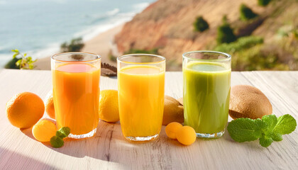 Colorful fresh smoothies on a wooden desk, outdoors.