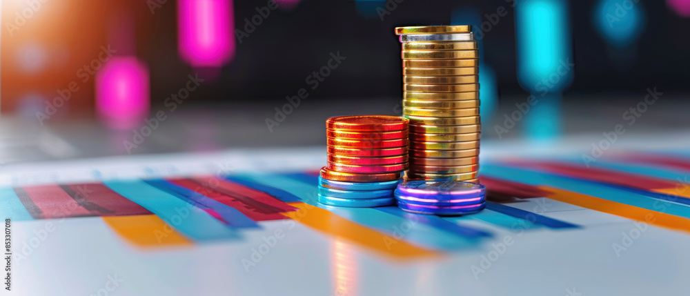 Poster a stack of coins on a table with a colorful background